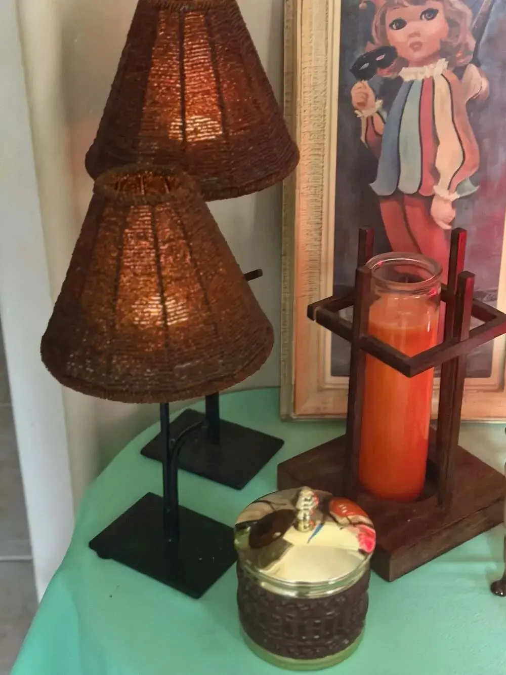 Set of 2 Tea Light lamps & Amber Glass Beaded Shades - ,